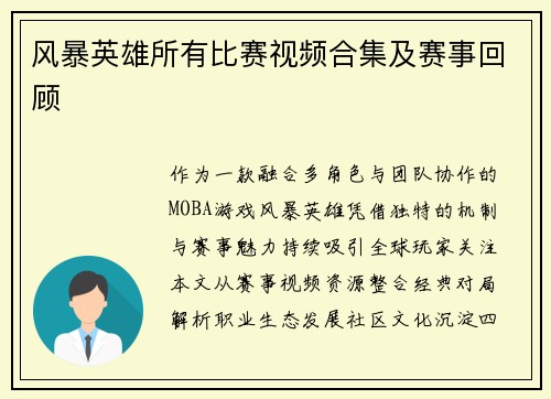 风暴英雄所有比赛视频合集及赛事回顾